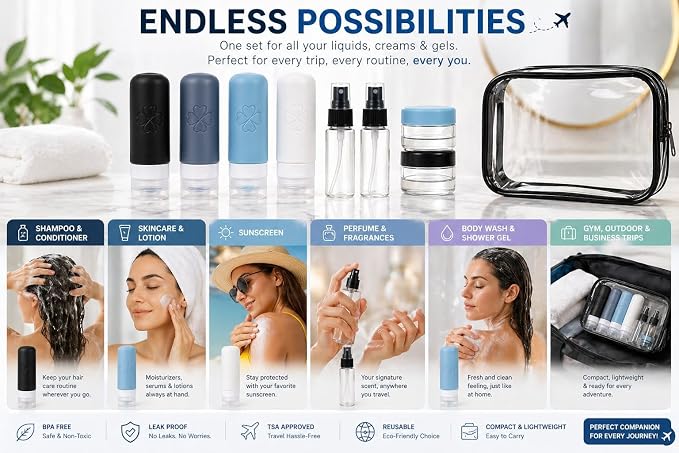 18 Pack TSA Approved Travel Bottles for Toiletries – Leak Proof Silicone Refillable Containers Set with Toiletry Bag, Squeeze Bottles, Spray Bottles & Cream Jars for Shampoo, Conditioner & Lotion - Image 6