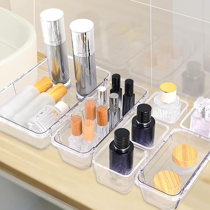 14 Pcs Adjustable Drawer Organizer, Clear Drawer Organizer Expendable | 3-Size Desk Drawer Organizer, Acrylic Storage Bins for Makeup, Cosmetic, Kitchen Utensils, Bedroom Dressers, Tool Organizer - Image 6