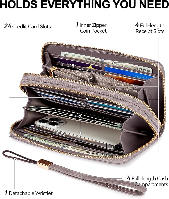 BOSTANTEN Wristlet Wallets for Women RFID Large Capacity Clutch Wallet | 24 Card Slots, 2 Zipper Pockets, Phone ＆ Card Holder, Zip Around, Hand Strap, Vegan Leather, Great Gifts - Image 2