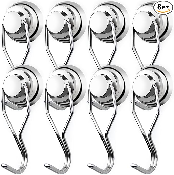 Swivel Swing Magnetic Hooks 40LBS Silver Refrigerator Magnet Hook | Strong Neodymium Magnets for Cruise Cabins Refrigerator Hanging Garage Workshop Office and Kitchen 8 Pack by EBAVITE