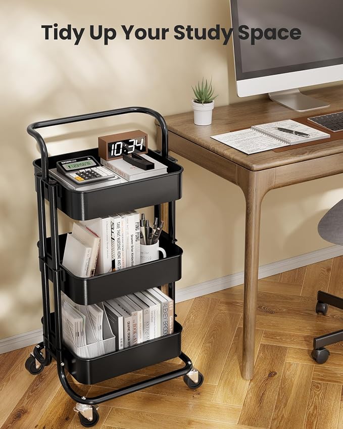Pipishell Metal 3 Tier Rolling Cart with Handle & 2 Lockable Wheels, Black | Four Large 2" Wheels for Easy Motion, Sturdy Metal, Hold 22 lbs per Shelf, Ideal for Nursery Room, Living Room, Painting Room - Image 7