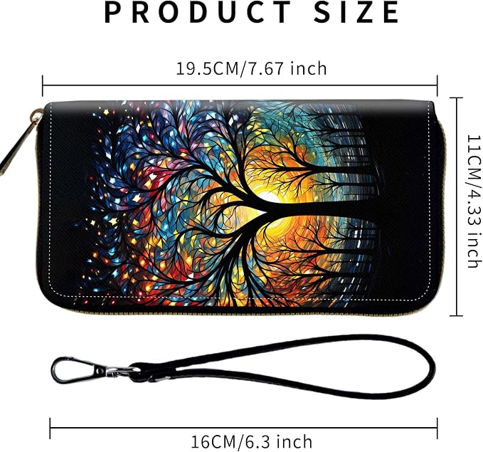 Wallet,Leather Long Wallet Suitable For Ladies And Teenagers - Detachable Wristband + RFID Travel Wallet With Card Slot - Colorful Trees - Image 2