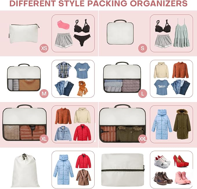 SDGFUI 8 PCS Compression Packing Cubes for Travel Women, Compression Bags Organizer for Luggage Space Saving Travel Essentials and Carry on, Luggage Organizer Bags for Suitcase - Beige - Image 3
