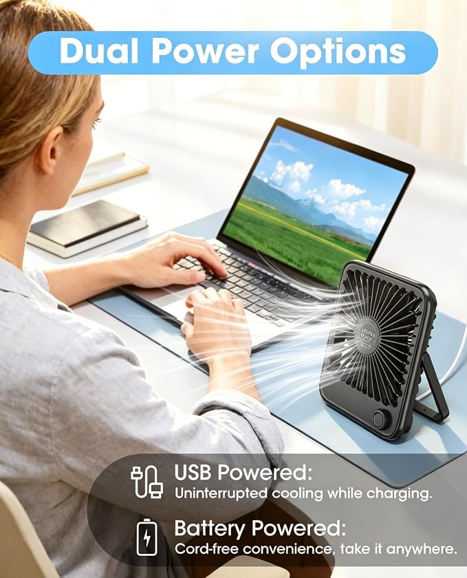 Ouddy Mode 2 Pack Small Desk Fan, Rechargeable Quiet Portable Travel Fan | 100 Wind Speeds Digital Display Black Personal Fans for Office Bedroom Home Outdoor - Image 2