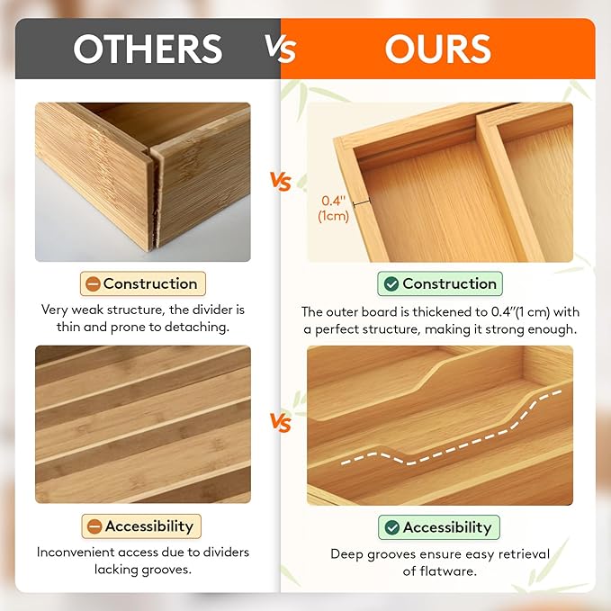 Lifewit Bamboo Utensil Organizer for Kitchen Drawer, Cooking Utensil Tray | Expandable Cutlery Silverware Flatware Holder, Wood Adjustable Spatula Tools Storage Divider, 8.9-15.8 x 15.75", Natural - Image 4