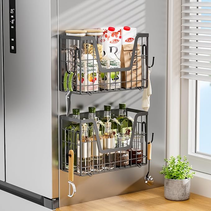 4 Pack Magnetic Shelf for Fridge, Fruit Potato and Onion Storage Bins, Magnetic Spice Rack for Kitchen Pantry Laundry Organizer, Metal Baskets Side of Fridge Organizers and Storage (Grey) - Image 6