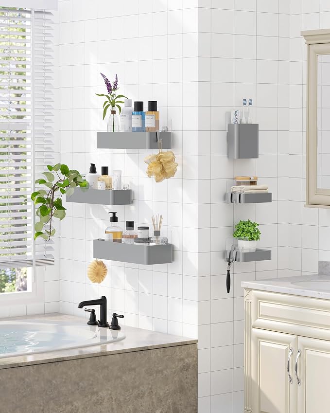 Kitsure Large Shower Caddy - Adhesive 6-Pack Bathroom Shelves, Silver | No-Drilling Rustproof Shelves with Soap Holder, Toothbrush Holder, 6 Hooks, Stylish Bathroom Organizers and Storage Solution - Image 3
