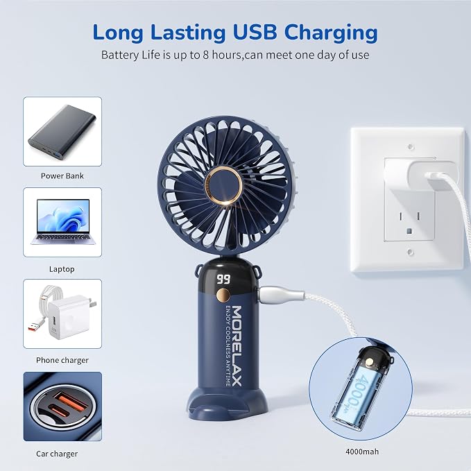 Morelax Handheld Mini Fan,USB Rechargeable Fodable Personal Fans 4000mAh,90 Adjustable, 6 Speed Strong Wind,Portable Fan Pocket Design 5 IN 1Cooling Table Fan for Office School Outdoor Travel,Blue - Image 3