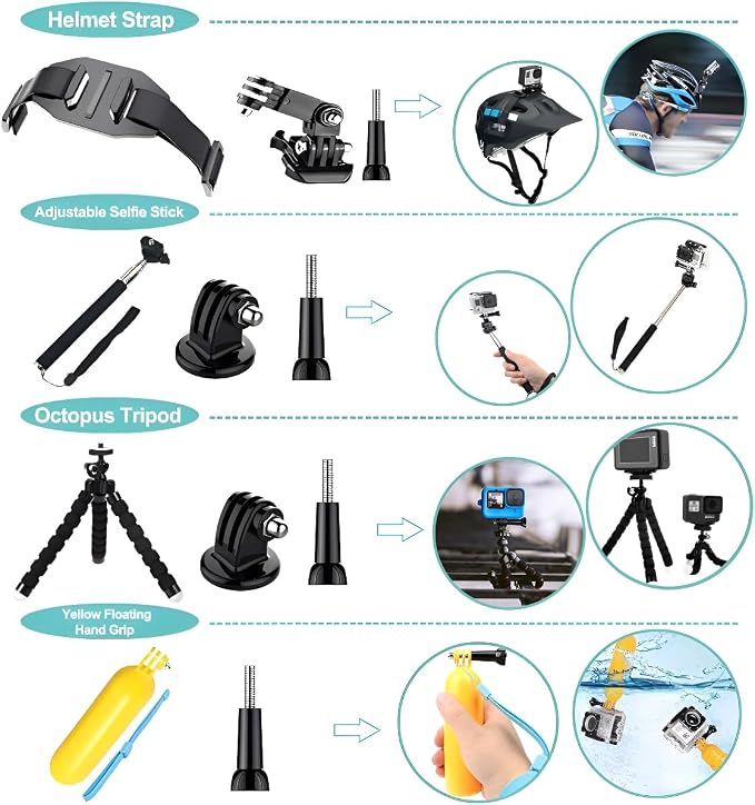 61 in 1 Action Camera Accessories Kit for GoPro Hero 13 12 11 10 9 8 7 6, Gopro Max, GoPro Fusion, Xiaomi, Insta360, DJI Osmo Action, AKASO APEMAN, Campark, SJCAM - Image 3