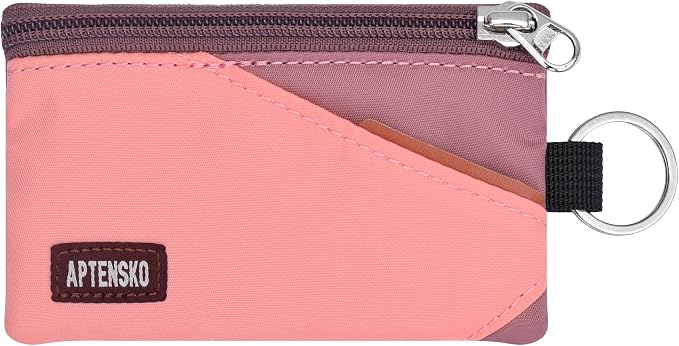 RFID Blocking Travel Wallet with Adjustable Lanyard, Small Nylon Zipper Pouch and Badge Holder for ID, Credit Cards, Cash, Keys, Commuters (CoralBlush+Mauve) by APTENSKO