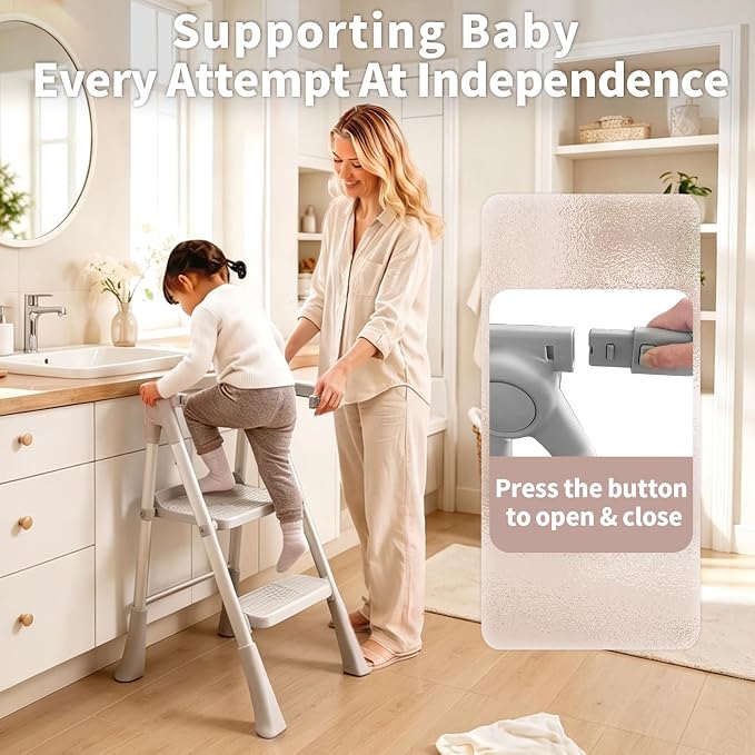 Foldable Toddler Standing Tower, Kitchen Helper Stool for Kids 1.5-6 Years | Safety Rail & Net Foldable Design Non-Slip Stable Easy Clean Portable Space Saving Storage Quick Assembly Montessori Grey - Image 5