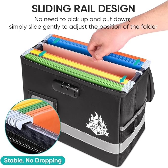 BALEINE Fireproof Document Box with Lock, Portable Fireproof Document Bag Waterproof Fire Proof File Boxes for Documents, File Organizer Box for Important Paperwork (Black, 12.5''x10.5''x6'') - Image 3