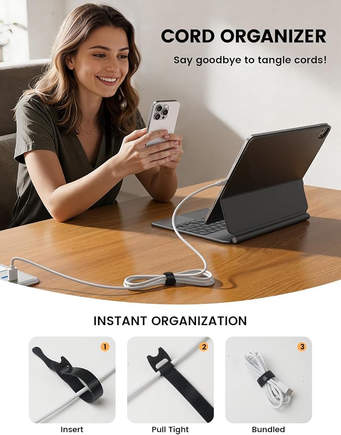 Lamicall 60PCS Reusable Cable Ties, 6-Inch Nylon Hook Loop Straps | [Upgraded Tapered Tail] for Effortless Threading, Adjustable Cord Organizer Management for Desk PC Home Office - Image 5