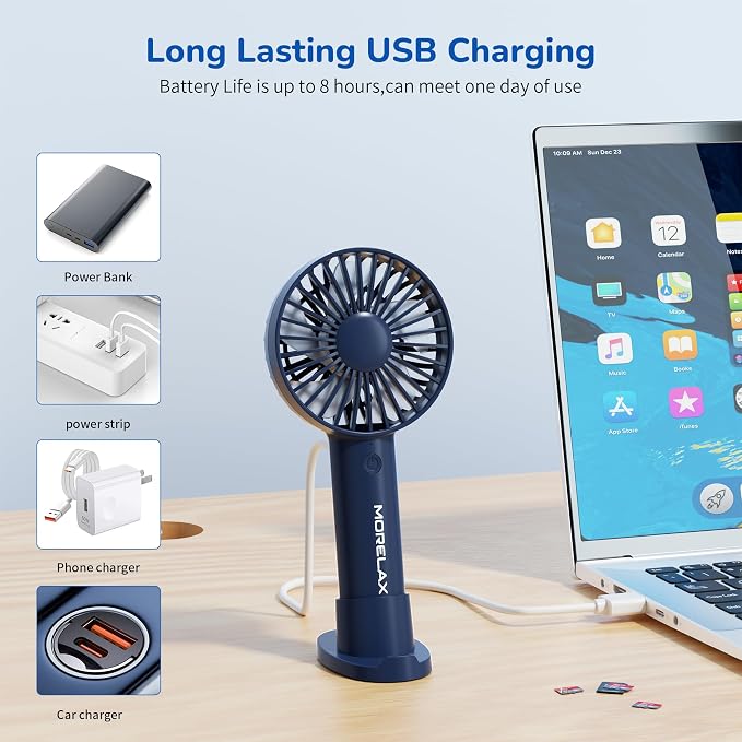 Jancane Handheld Fan, USB Rechargeable Mini Portable Fan with Base, 10H Battery, Strong Wind, Small & Powerful, Cute Design for Travel, Makeup, Girls Women Summer Gift (Dark Blue) - Image 4