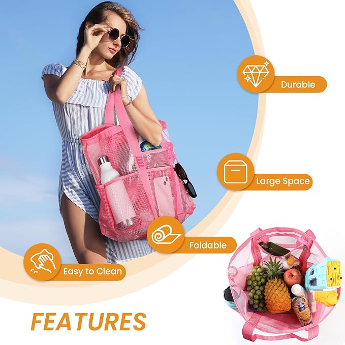 Tavaleu Mesh Beach Bag, Large Capacity Beach Tote, Multi Pockets, Sandproof | Mesh Material, Multiple Storage Pockets, Lightweight & Foldable Design, For Beach & Pool Use, Easy to Clean & Quick Dry - Image 5