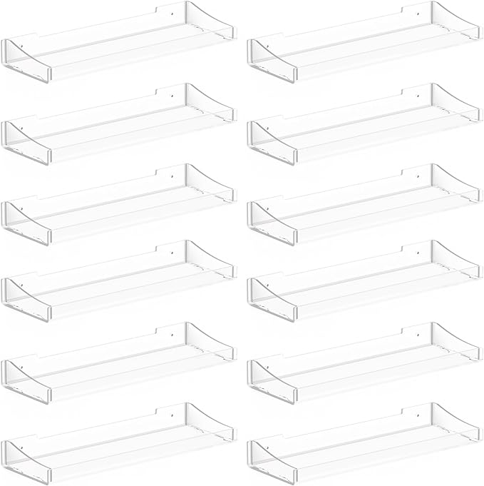Acrylic Shelves for Bathroom, Clear Floating Shelves for Wall, Wall Organizer Suitable for Bathroom, Bedroom, and Living Room Storage for Make Up,Action Figure,Books -12 Pack by Unknown