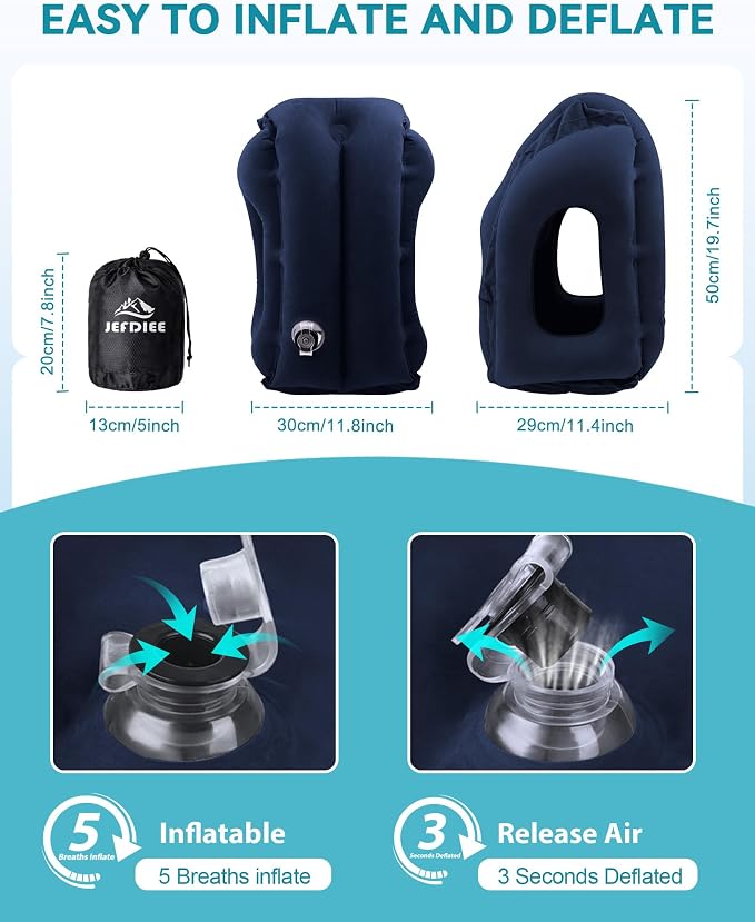 Inflatable Travel Pillow, Airplane Neck Pillow Comfortably Supports Head and Chin for Airplanes, Trains, Cars and Office Napping with 3D Eye Mask, Earplugs and Portable Drawstring Bag (Blue) - Image 6