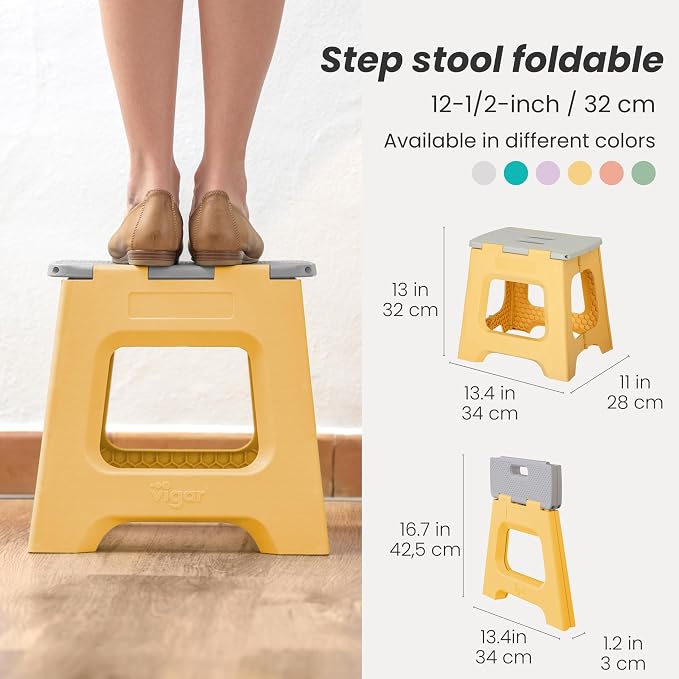 Vigar Compact Folding Step Stool, 12-1/2 in, Yellow | 12-1/2 in Foldable Stool, Lightweight Portable Design, Handle, Non Slip Surface, Space-Saving, Supports up to 330 lb - Image 2