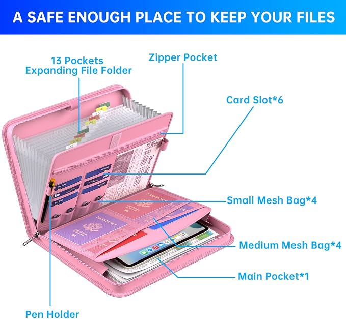 ENGPOW Accordion File Organizer,Fireproof Expanding File Folder with Multi Pockets,13 Pockets Document Organizer with Handle & Labels,Portable Home Travel Safe Storage Folder for Letter A4 Files,Pink - Image 4