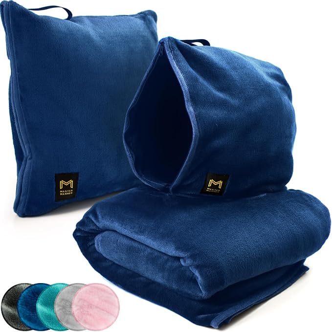 Travel Blanket Airplane Compact with Hoodie – 2in1 Airplane Travel Accessories from Plane Blanket to Travel Pillow with Luggage Strap, Soft Handle & Secure Pocket (Navy Blue, 62x41'') | 300 GSM fleece airplane blanket; attached hoodie doubles as its st... by MasterManner