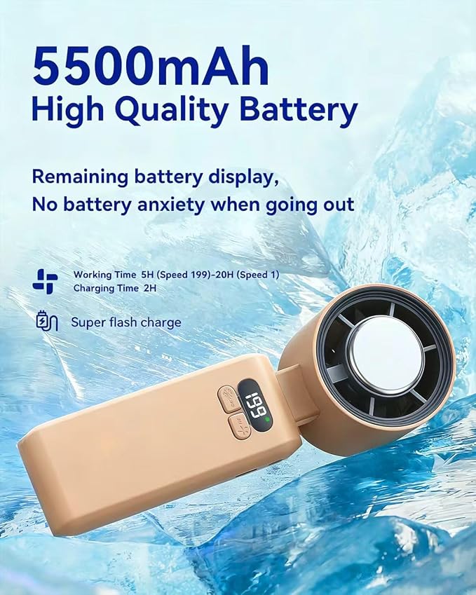 Handheld Portable Turbo Fan with Ice Cooler, Speed (1-199) 5500mAh Rechargeable Personal Fan,[20H Cooling Time] Mini Yet Powerful [20000 RPM] Small Pocket Fans for Travel/Outdoor/Home/, Gold Pink - Image 5