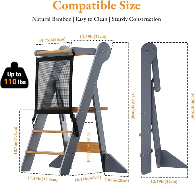 COSYLAND Toddler Standing Tower Foldable Toddler Kitchen Step Stool | Adjustable Height Folding Step Stool for Kids Learning and Cooking - Ages 18 Months to 6 Years with Safety Net Natural & Grey - Image 8