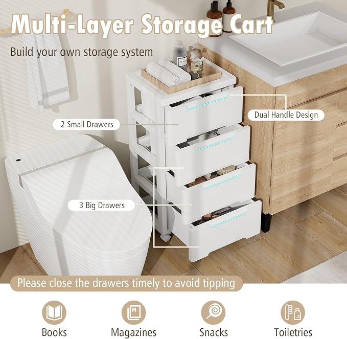 Plastic Storage Drawer Cart, Mobile Utility Cart, Home Craft Organizer with 5 Drawers & Lockable Wheels, Slim Rolling Storage Cart for Living Room, Bathroom, Dorm & Office (16”L x 13”W x 31”H) | Lockable wheels, robust PP build, slim space-saving profi... - Image 4