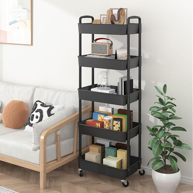 Sywhitta 5-Tier Plastic Rolling Utility Cart with Wheels,Black | Multi-Functional Storage Trolley, for Office, Living Room, Kitchen, Bathroom,Movable Organizer,Space-Saving,Easy to assemble - Image 5