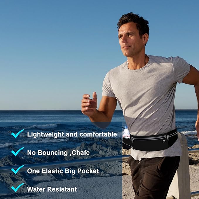 Slim Running Belt for Women Men,Runners Fanny Pack Phone Holder,Money Belt,Running Gear Accessories,with 3 Pockets (Jet Black) - Image 4