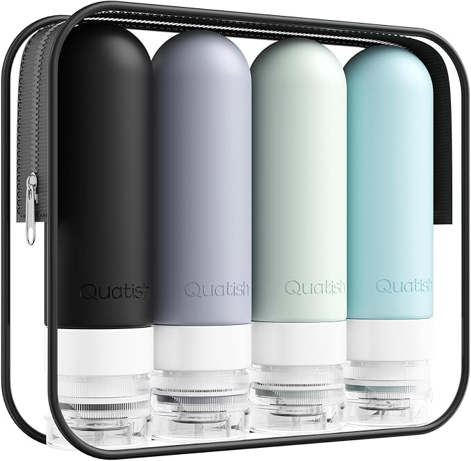 Quatish Travel Bottles for Toiletries, Original Patented Leak Proof Travel Size Toiletries, 3 oz Tsa Approved Silicone Shampoo and Conditioner Bottles, Travel Essentials, 4 Pack, Grey by Quatish