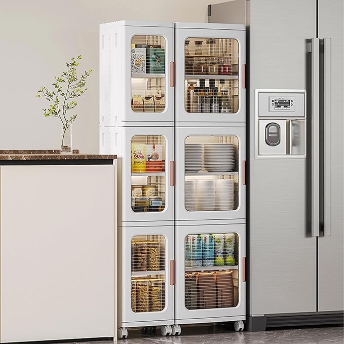 Tall Narrow Storage Cabinet, Plastic Organizer with Wheels, 4-Tier/White | Foldable Slim Cabinet for Bathroom, Kitchen, Laundry and Small Spaces, Adjustable Shelves & Magnetic Doors, Movable Wheels - Image 6