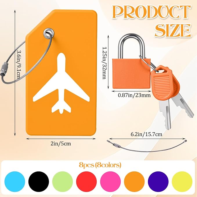 Sadnyy 8 Set Silicone Luggage Tags and Suitcase Locks with Keys Set Multicolor Small Luggage Padlock and Name ID Card Tags for Travel Family, Suitcase, Backpack, Laptop Bag, Locker, Travel Bag - Image 2