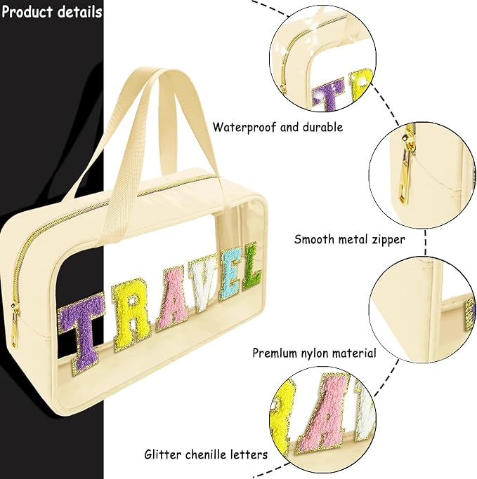Bunliuys Chenille Letter Clear Makeup Bag Travel Patch, Travel Toiletry Makeup Bag with Handle, Nylon Waterproof Makeup Bags clear cosmetic bag, preppy patch makeup bag for Women (TRAVEL-Beige) - Image 3