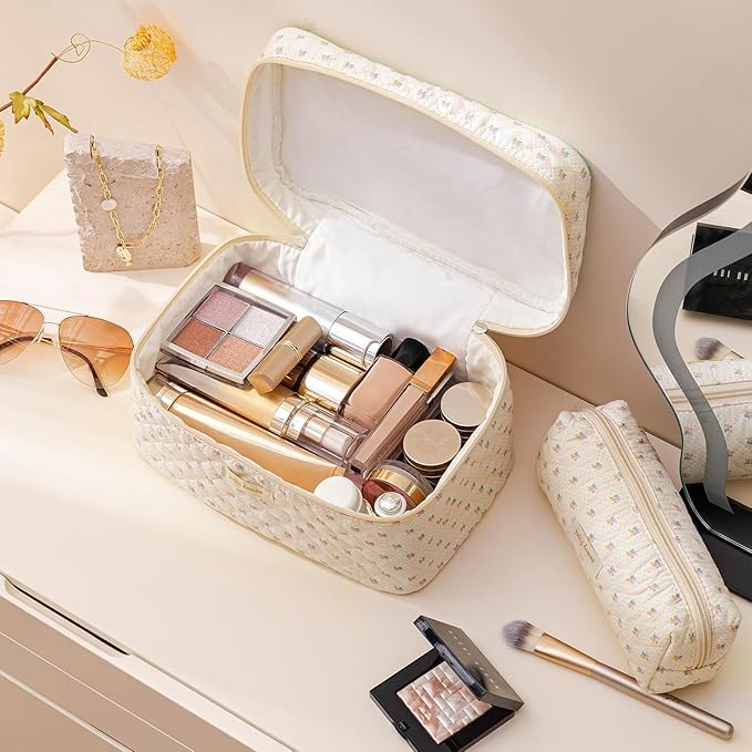 HBselect Quilted Makeup Bag, 3Pcs Cotton Large Travel Makeup Bags Organizer | Cute Floral Make up Bag Cosmetic Bag Toiletry Bag for Women Girls, Makeup Pouch for Skincare, Brushes & Travel Essentials - Image 2