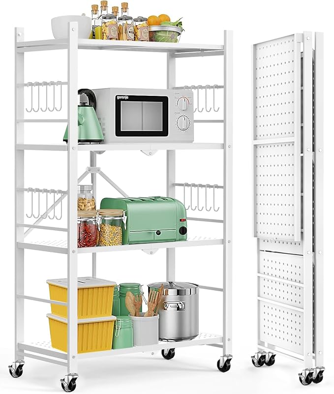 Himix 4-Tier Foldable Metal Storage Shelf with Wheels Kitchen White | Metal collapsible organization, Folding shelves rack, Wire shelving, Garage, Unit rolling cart, No assembly, Holds 352 Ibs by Himix