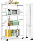 Himix 4-Tier Foldable Metal Storage Shelf with Wheels Kitchen White | Metal collapsible organization, Folding shelves rack, Wire shelving, Garage, Unit rolling cart, No assembly, Holds 352 Ibs by Himix