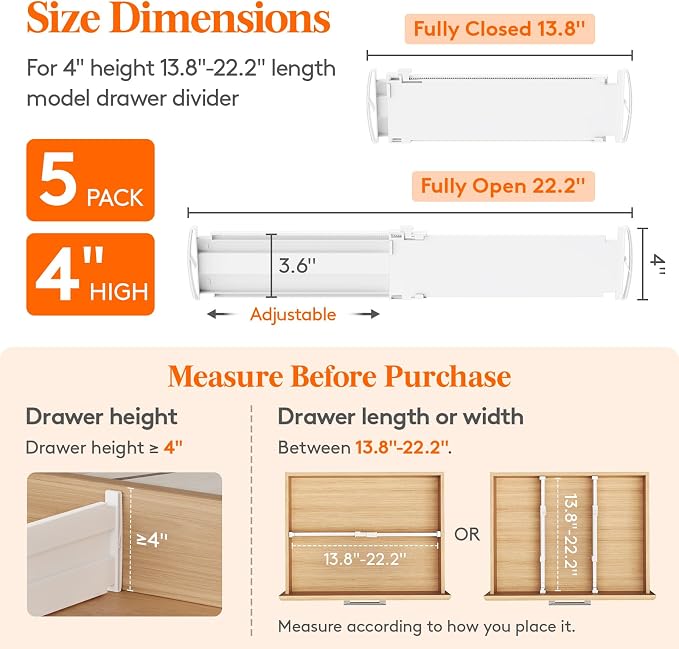 Lifewit 5 Pack 4" High Drawer Dividers, Adjustable Drawer Organizer Clothes | 13.8"-22.2" Expandable White Plastic Separators for Dresser, Kitchen, Cabinet, Nursery, Office, Socks & Underwear Storage - Image 2