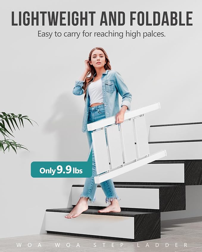4 Step Ladder, Foldable Step Stool, 300lbs Load, White | Folded 43''H x 2''T; Net 9.9 lbs; Rigid Aluminum Steps; No Assembly; For Home, Kitchen, Office, Pantry, Closets, Cabinets - Image 2