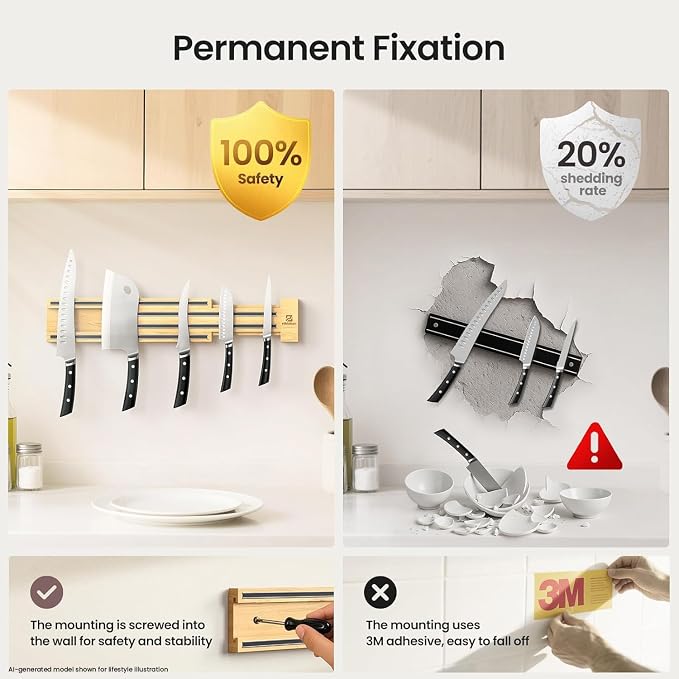Extendable Magnetic Knife Holder for Wall, 16-32 Inch Adjustable | Rubber Wood Knife Block, Kitchen Utensil Holder, Magnetic Tool Holder, Double Magnetic Strips, 4 Hooks Included, Ideal Gift - Image 4
