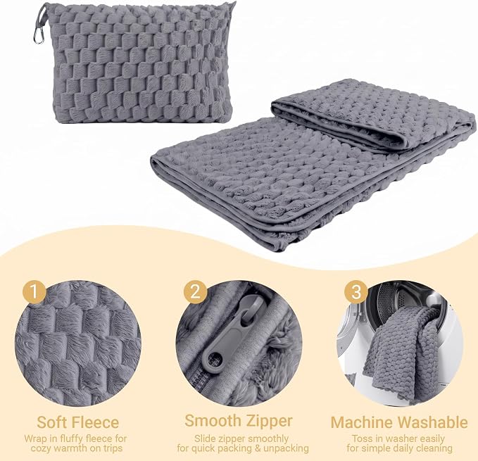 Travel Blanket with Bag, Soft Fleece Portable Airplane Blanket, Grey | Soft fleece travel blanket 50x60in grey. 5-in-1: pillow, lumbar support, shawl, hand warmer. Washable, luggage sleeve, clip. - Image 2