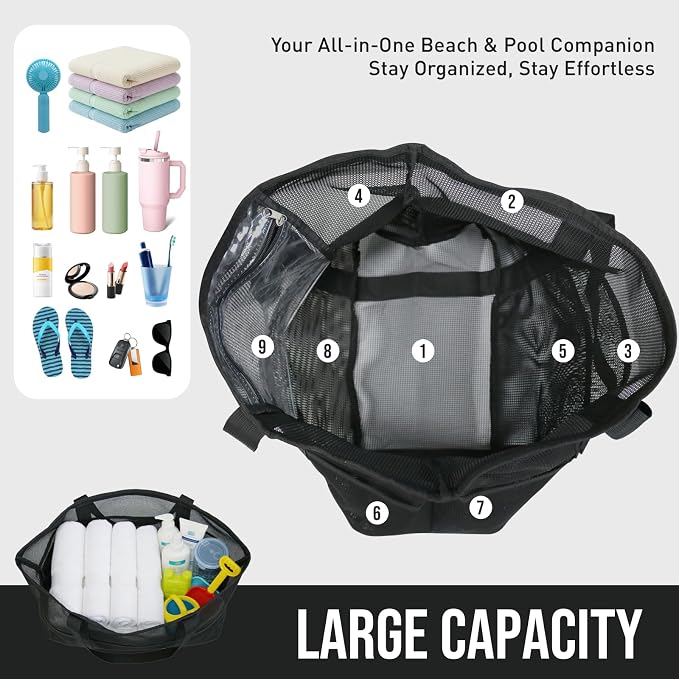 Large Mesh Beach Tote Bag, 9-Pocket Foldable Summer Vacation Beach Bag for Travel, Pool, Gym, Cruise - Image 5