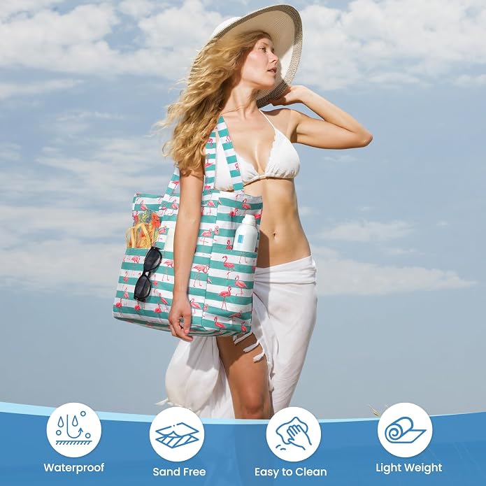 Trifabricy Beach Bags for Women, Waterproof Large Tote Bag With Zipper | Waterproof Sandproof, Zipper Closure, Wet Pocket, For Beach Gym Travel Shopping Vacation, Durable Lightweight, Easy Clean - Image 6