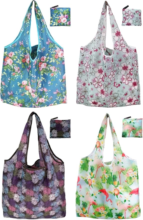 Grocery Reusable Shopping Bags, 4 Pack 50Lbs Foldable Large Washable Market Bags, Foldable Large Capacity Tote Bag For Travel, Bulk Market Cloth Storage Gifts Bags For Women by NewOpportunityInLivingKindly
