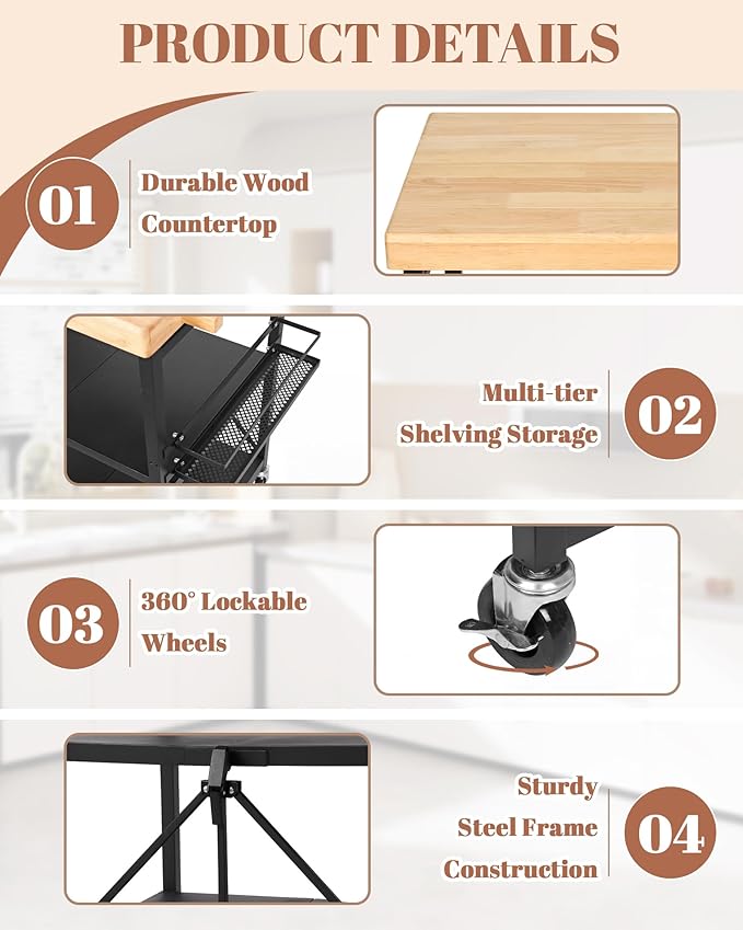 Mythinglogic Foldable Kitchen Cart with Wheels, Rolling Kitchen Island with Wood Top, 3-Tier Microwave Stand Coffee Bar Cart with Side Storage Rack, Black - Image 4