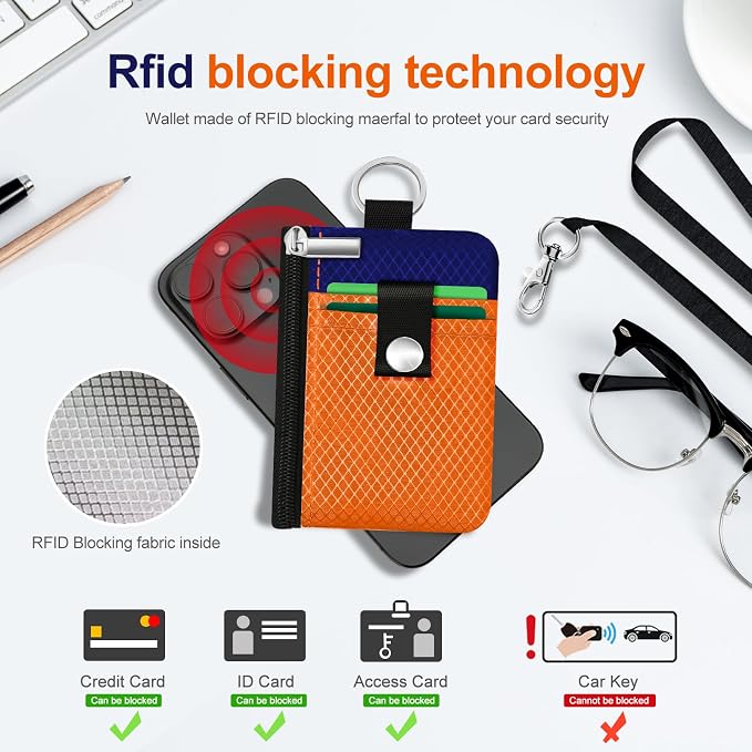 Minimalist RFID Blocking Small Wallet with ID Window,WaterResistant Zip Id Case Wallet with Lanyard Keychain for Cards,Cash,Travel,Women,Men (Orange/Sapphire Blue) - Image 4