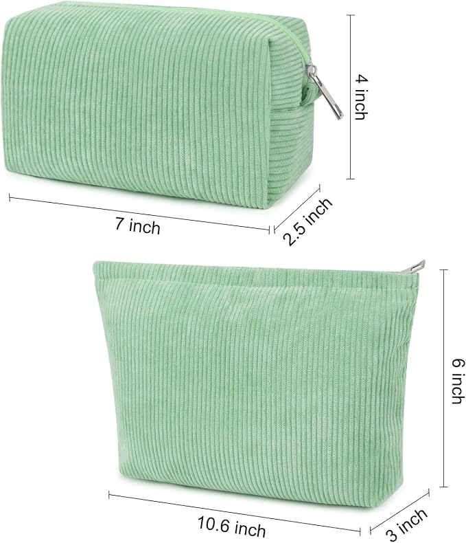 SOIDRAM 2 Pcs Corduroy Makeup Bag Large Cosmetic Bag Toiletry Bag Makeup Pouch Travel Bag Organizer Cute Makeup Brushes Aesthetic Accessories Storage Bag for Women Green - Image 3