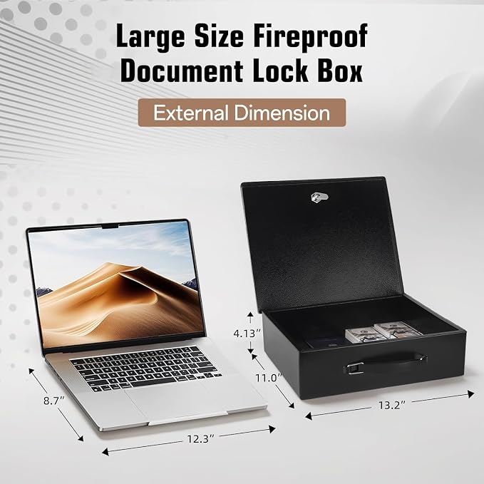 Fireproof Document Box, Fire Resistant Safe Box with Key Lock for Home, Portable Fireproof Lock Box for Personal Items, Passport, Cash, Tablet, X Large 13.2" x 11" x 4.13" - Image 2