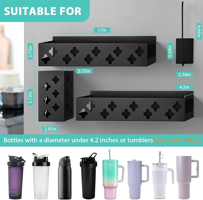 Magnetic Water Bottle Organizer for Fridge, Magnetic Cup Holder for Stanley 30 40 Oz with Tumbler Lid & Straw Organizer, 8 Tumblers Kitchen Storage Rack for Stanley Cup Accessories, Space-Saving - Image 2