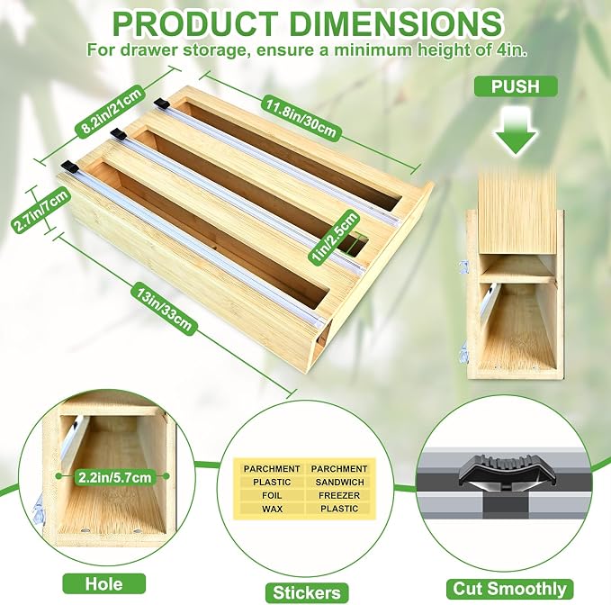 MSJGA Magnetic Plastic Wrap Dispenser with Cutter for Drawer&Refrigerator | 3 in 1 Fridge Bamboo Organizer for Tin Foil, Baking Paper, Wax Paper Holder Kitchen Storage Box Compatible,13" x 8.2" x 2.7" - Image 3