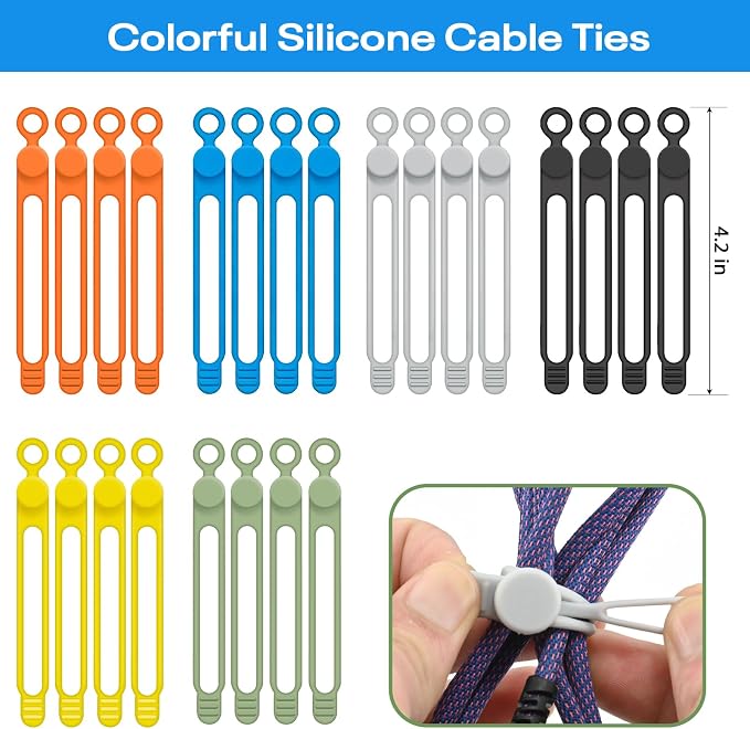 Silicone Cable Ties Reusable, 6 Colors, High Elastic Cord Organizer Ties | 4.2In Cable Management Ties for Bundling and Fastening Various cables, Travel Essentials for Cable Organizer - Image 5